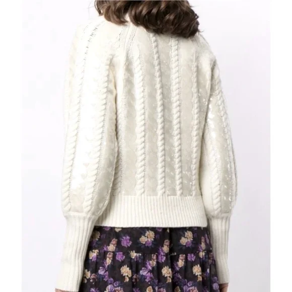 VERONICA BEARD CASHMERE WOOL CABLE KNIT SWEATER S YOLA SEQUIN BALLOON SLV $695